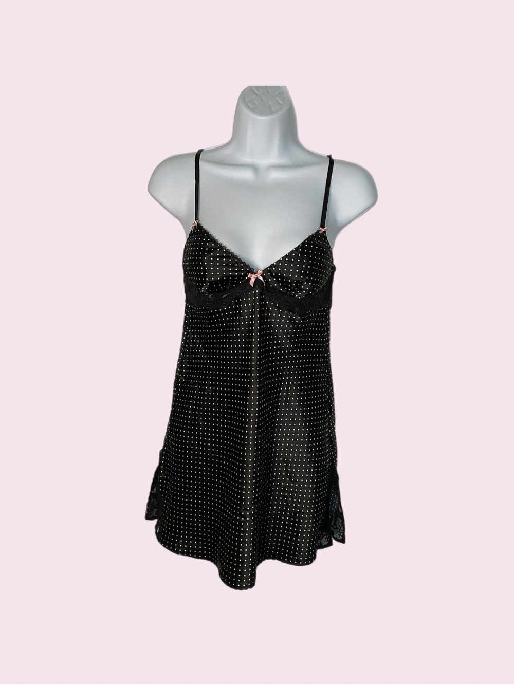 Victoria's Secret XS Black Satin Polka Dot Sexy Chemise Lace Slip Y2K - Picture 13 of 16